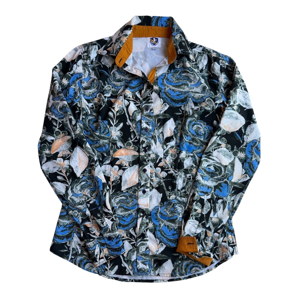 Royal Highness Equestrian Blue Floral Rose Button Down Show Shirt Womens Medium